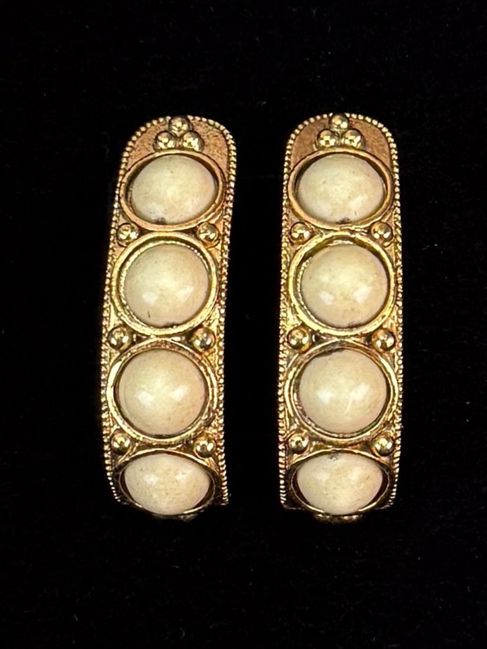 Gold Tone Ivory Cabochon Pierced Half Hoop Statement Earrings